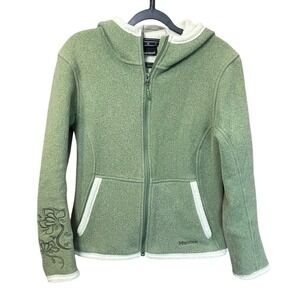 Marmot Green Fleece Hoodie Womens Small Floral Embroidered Sherpa Lined Full Zip